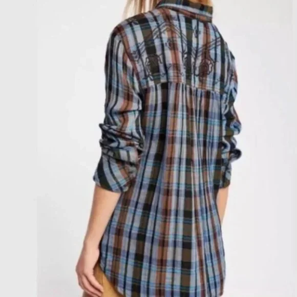 Free People Magical Plaid Embroidered Button Down Plaid Shirt - Blue and Brown - Picture 7 of 8
